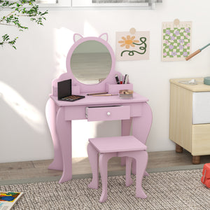 Dressing table with mirror and stool, cat motif, pink