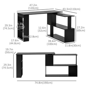 L-shaped corner desk, 360° swivel, with storage shelf, black