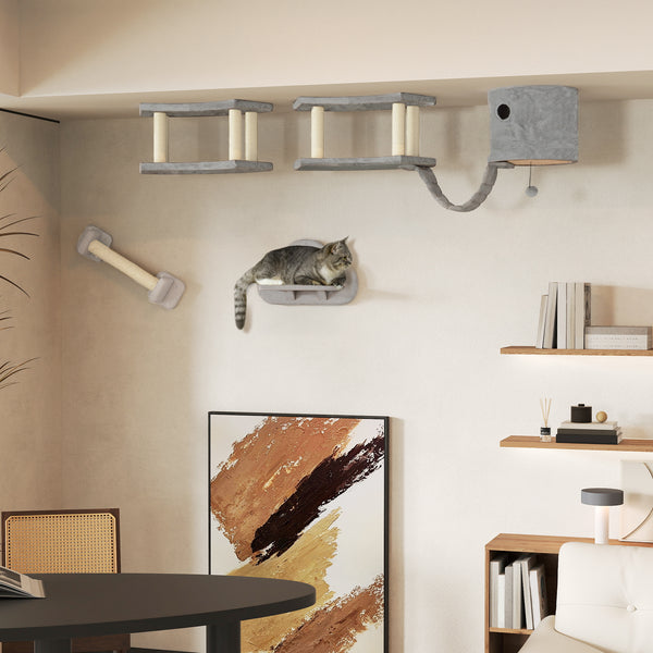 Wall-mounted cat tree with scratching post, ladder, hideaway and jumping platforms, light grey