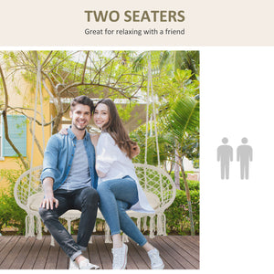 Patio Hammock Chair 2 Seat, Hanging Rope Hammock Swing Chair with Metal Frame and Cushion, Large Macrame Seat for Indoor and Outdoor 396 lbs Capacity, Cream White