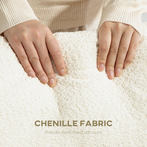 Modern chenille upholstered armchair with wooden frame and back cushion, cream white