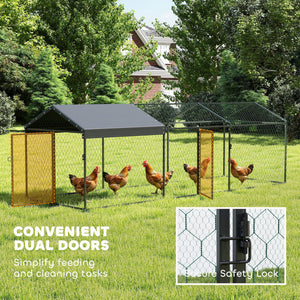 Large metal chicken coop with waterproof and anti-UV cover