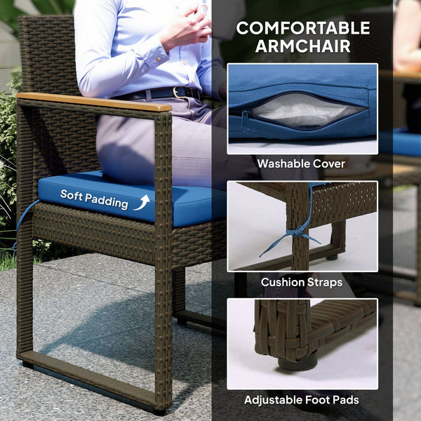 Rattan bistro set with acacia wood table and removable cushions, dark blue