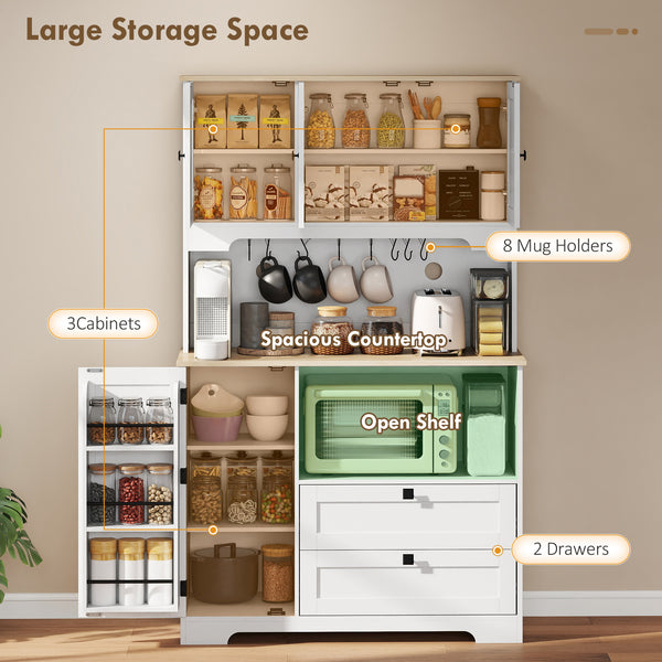 Kitchen Pantry Cabinet, 64" Tall Kitchen Hutch with 3 Cabinets, 2 Drawers, Adjustable Shelves, Microwave Stand, White