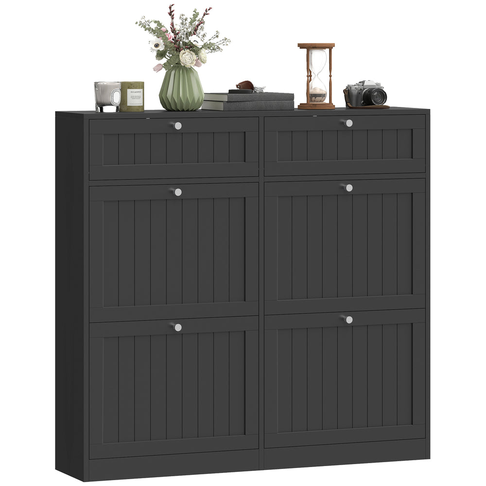 Shoe cabinet with 2 large tilt-out drawers in country style with 2 top compartments, black