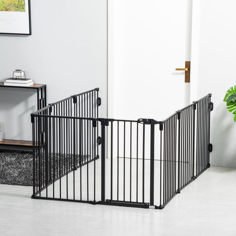 Dog Safety Gate 8-Panel Playpen Fireplace Christmas Tree Steel Fence Stair Barrier Room Divider Black