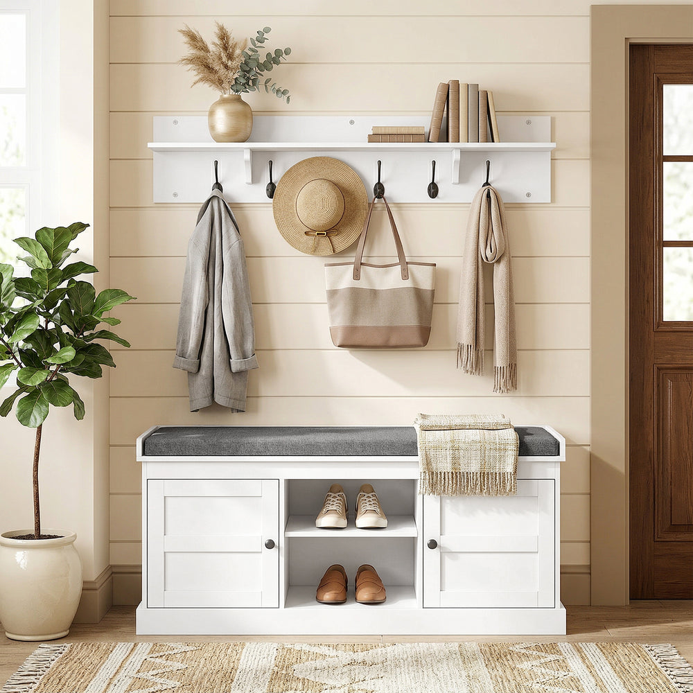 2-in-1 Set: Coat Rack and Shoe Bench with 6 Hooks and Shoe Storage, White and Grey.