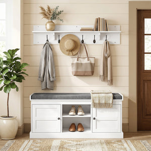 2-in-1 Set: Coat Rack and Shoe Bench with 6 Hooks and Shoe Storage, White and Grey.