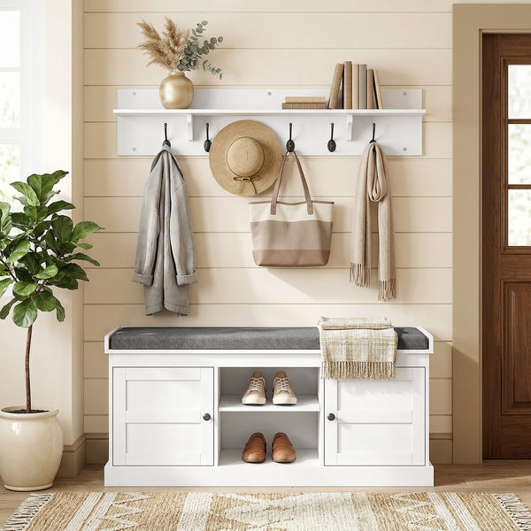 2-in-1 Set: Coat Rack and Shoe Bench with 6 Hooks and Shoe Storage, White and Grey.