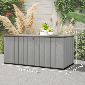 Large capacity outdoor storage box with lockable lid and gas struts.