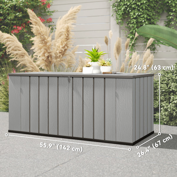 Large capacity outdoor storage box with lockable lid and gas struts.