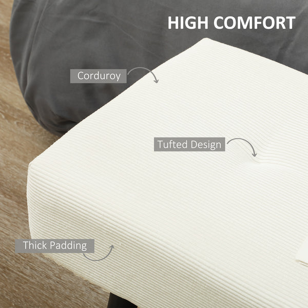 Corduroy Upholstered Ottoman Bench with Steel Legs, Cream White