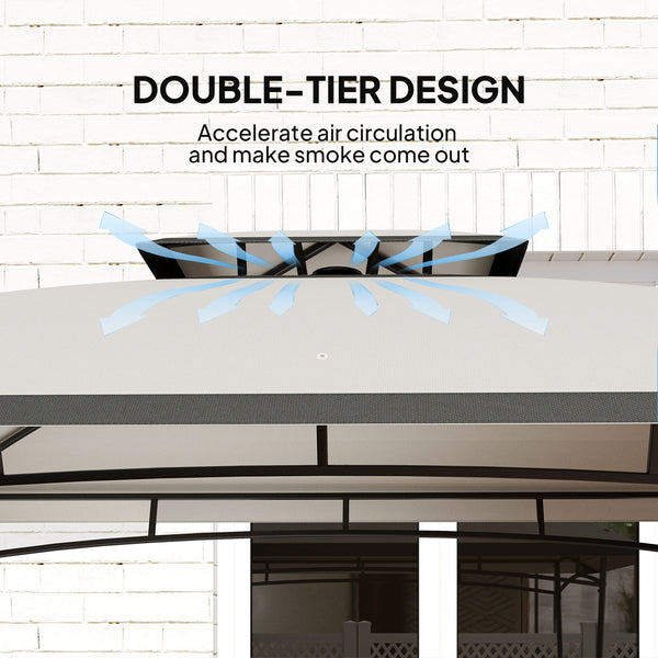 Two-tier barbecue gazebo with 2 side shelves and a hook, light grey