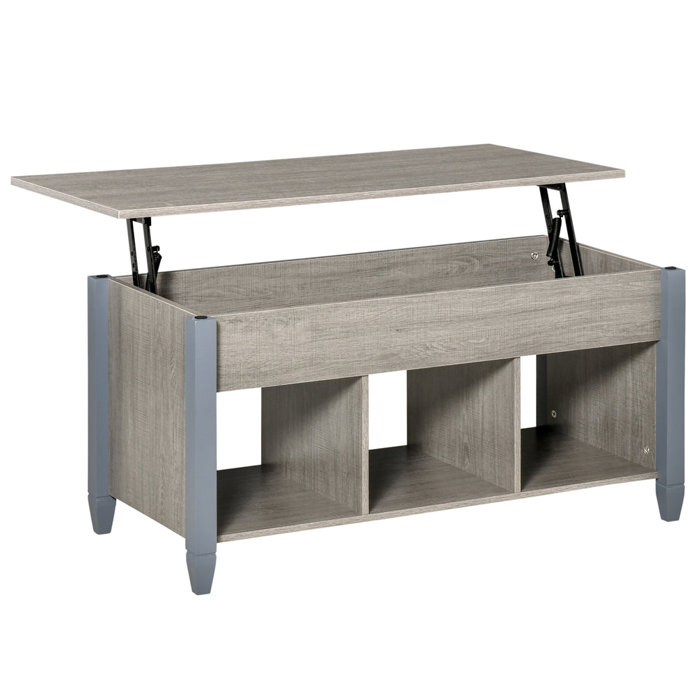 Lift-up coffee table with hidden compartment and 3 lower shelves, grey