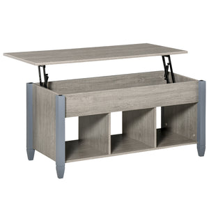 Lift-up coffee table with hidden compartment and 3 lower shelves, grey
