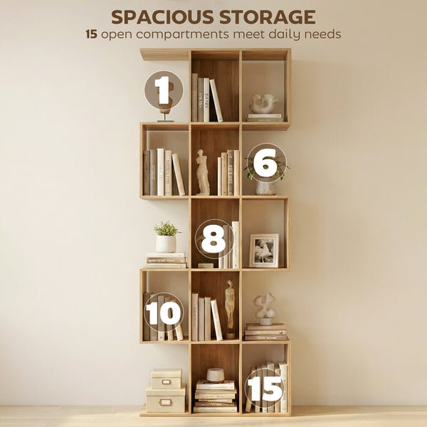 5-Tier S-Shaped Geometric Bookshelf with 15 Compartments, Oak Colour