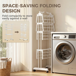 5-tier foldable clothes drying rack on wheels, white