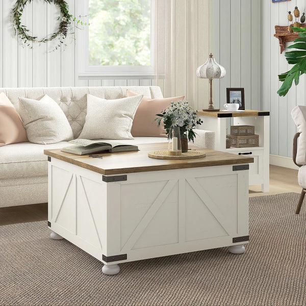 Farmhouse style coffee table with hinged lids, antique white