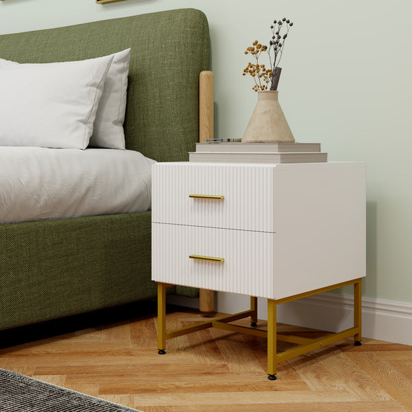 Set of 2 modern bedside tables with 2 fluted drawers and gold legs, white