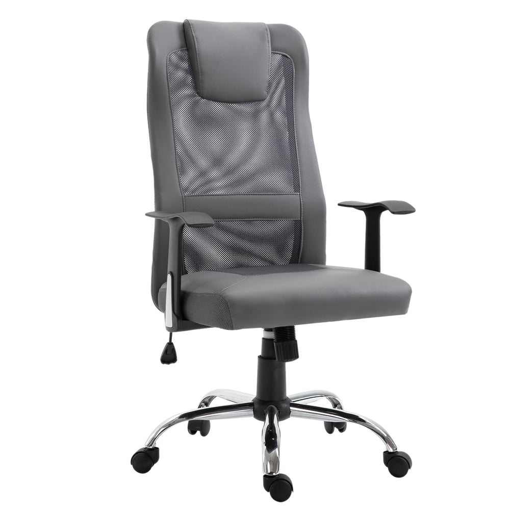 Ergonomic mesh office chair with thick padded headrest and armrests, grey.