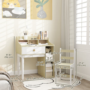 Desk and chair set with storage shelves and drawer, white