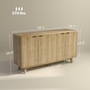 Fluted sideboard, 140 cm bar cabinet, 4 doors, 2 adjustable shelves, 5 wooden legs, natural wood