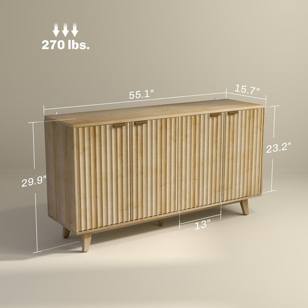 Fluted sideboard, 140 cm bar cabinet, 4 doors, 2 adjustable shelves, 5 wooden legs, natural wood