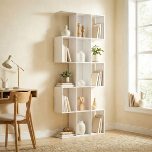S-shaped 5-tier bookcase with 15 compartments, white wood look