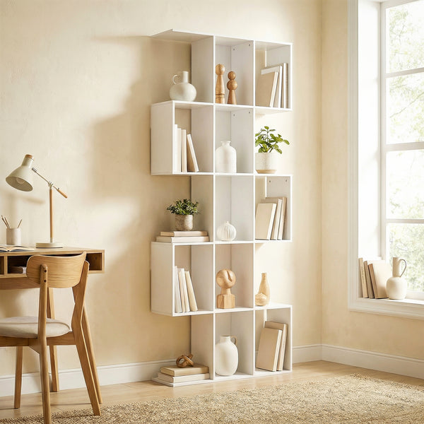 S-shaped 5-tier bookcase with 15 compartments, white wood look