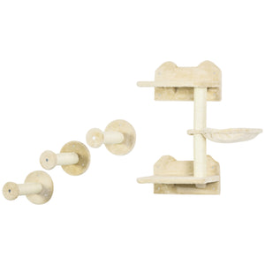 Wall-mounted cat shelf with scratching post and hammock, beige