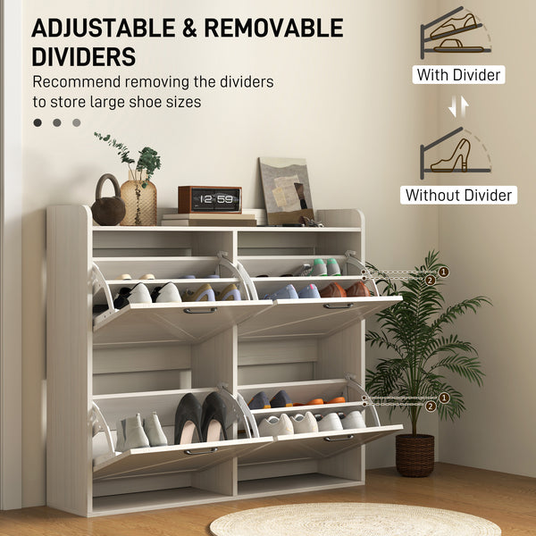 Shoe cabinet with 4 drop-down drawers, adjustable shelves for 16 pairs, white oak