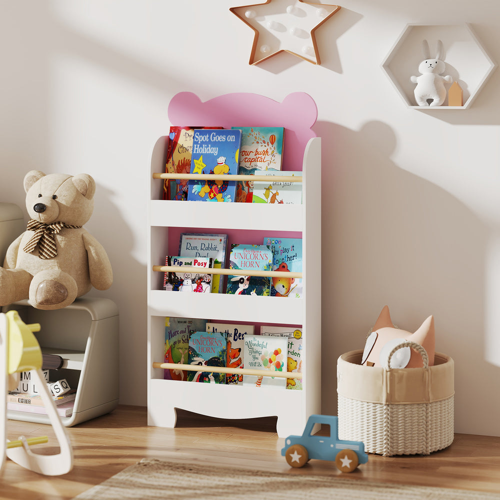 3-tier bookcase, bear motif, with anti-tip device, pink 