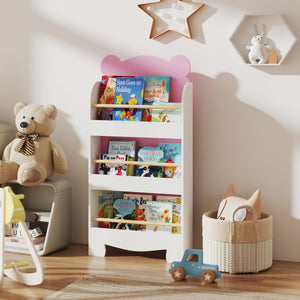 3-tier bookcase, bear motif, with anti-tip device, pink 