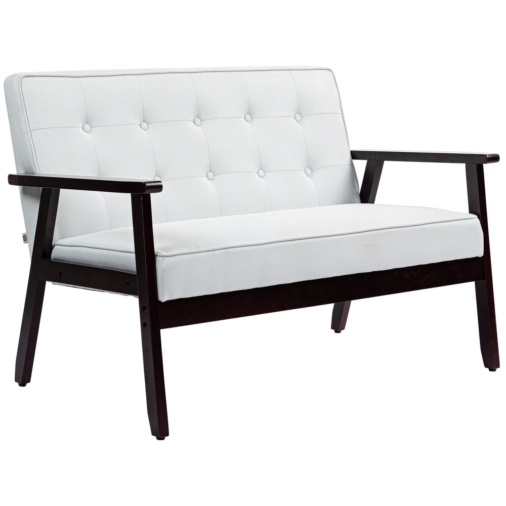 Modern upholstered 2 seater sofa with tufted back and wooden legs, cream white