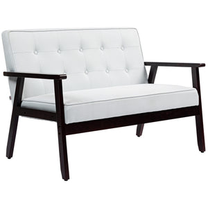 Modern upholstered 2 seater sofa with tufted back and wooden legs, cream white