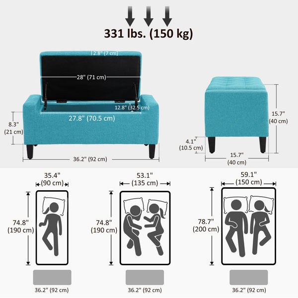 Linen Upholstered Storage Ottoman Bench with Tufted Pattern, Green