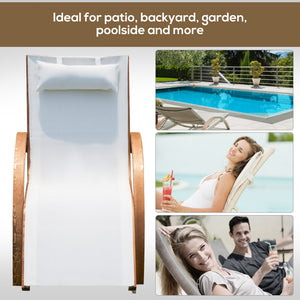 Wooden outdoor reclining lounge chair with headrest and mesh seat, cream.