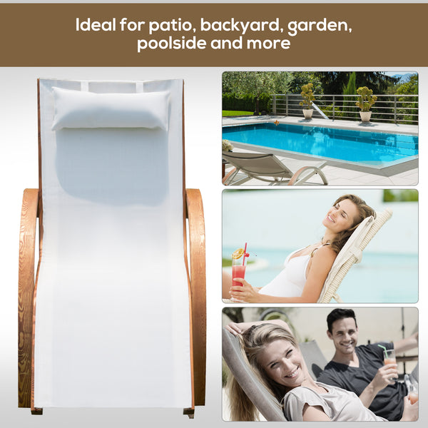 Wooden outdoor reclining lounge chair with headrest and mesh seat, cream.