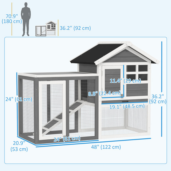 49" Weatherproof Wooden Rabbit Hutch With Slant Roof And Screened Outdoor Run, Grey