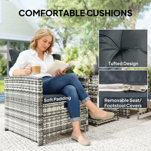 5 Piece Patio Furniture Set, Wicker Patio Chairs with Ottomans, 2-Tier Glass Coffee Table and Cushions, Grey/Dark Grey
