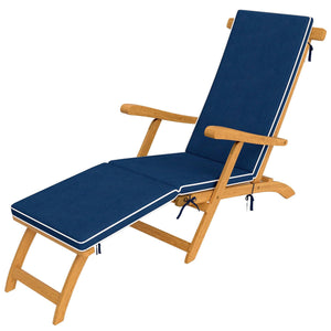 Folding Sun Lounger with Padded Cushion, Acacia Wood Recliner with Footrest for Garden, Navy Blue