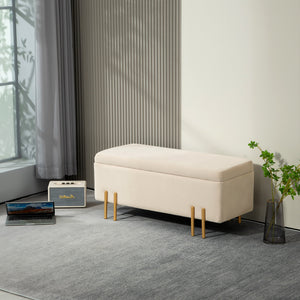 Folding Storage Ottoman Bench with Metal Legs, Beige