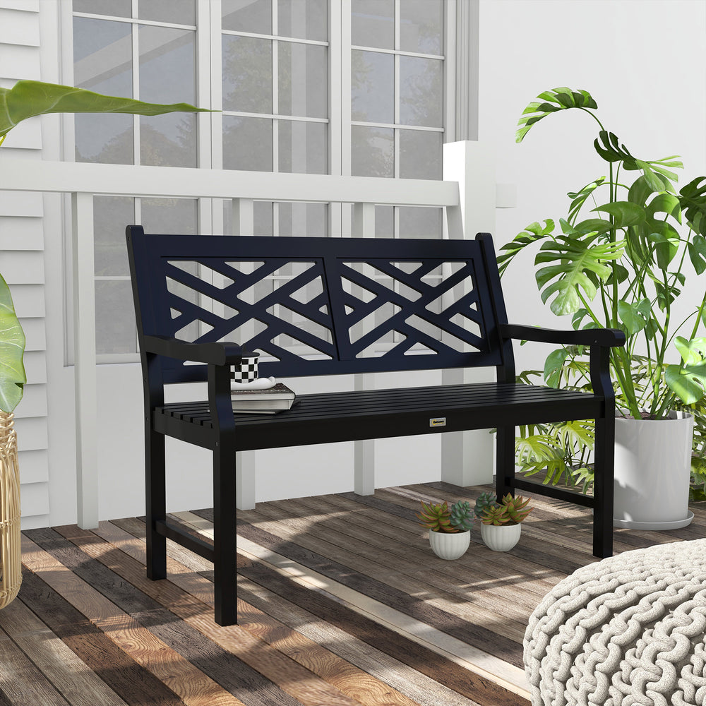 Wooden outdoor bench with slatted frame and armrests, 2 seats, black