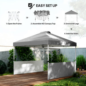 Folding shelter 10 x 10 with 2 half side walls, UV50+ protection, dark grey