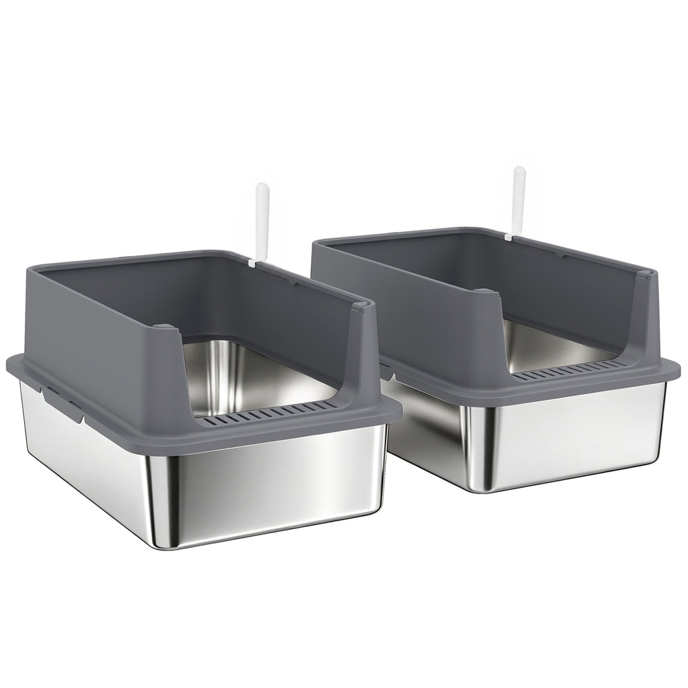 Set of 2 XL stainless steel litter boxes with high sides and lids