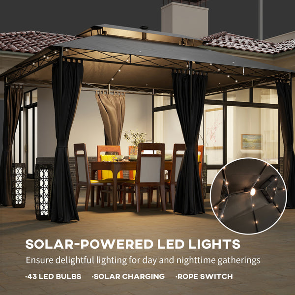 10' x 13' Outdoor Gazebo with Curtains and Solar Powered LED Lights, Double Roof Patio Shelter