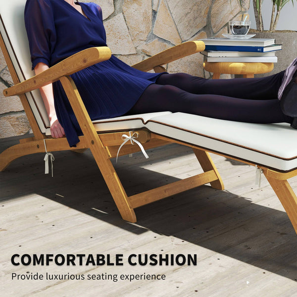 Folding Sun Lounger with Padded Cushion, Acacia Wood Recliner with Footrest for Garden, White