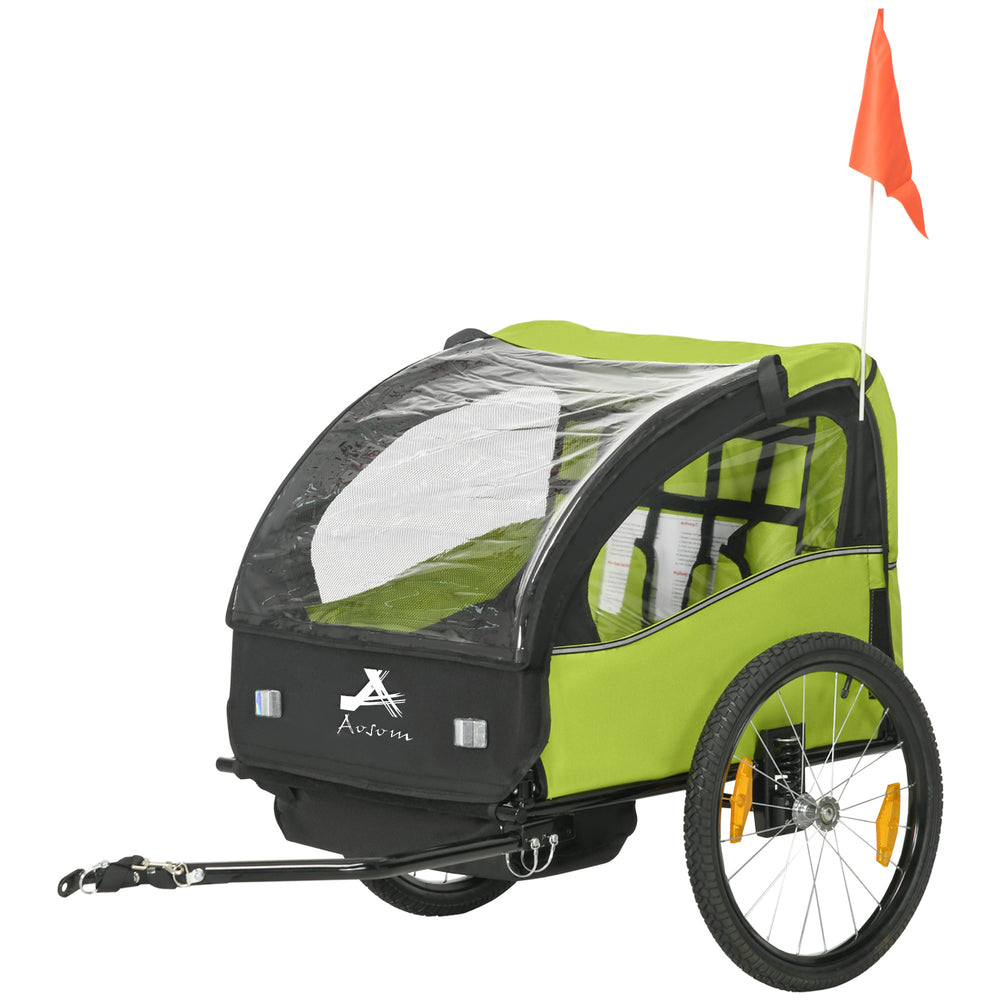 2-seater bicycle trailer with 5-point harness, 20-inch wheels, green