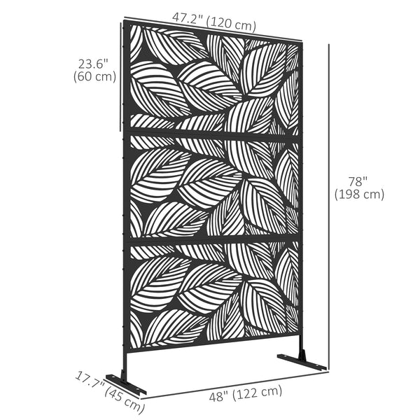 Decorative outdoor metal screen with stand, leaf pattern, black