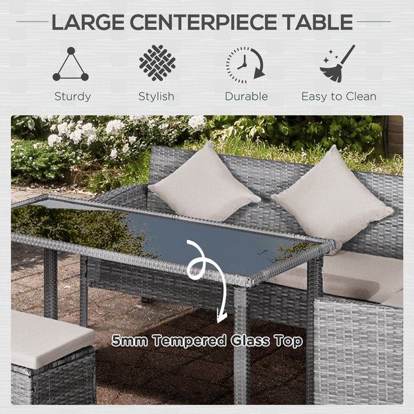 5-piece furniture set in woven resin with cushions, table and poufs, cream white